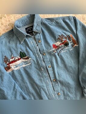 Embroidered Blue Cotton Shirt Jacket